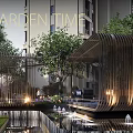 Modern Garden Landscape With Water Fountain Wooden Pergola Greenery And High Rise Buildings