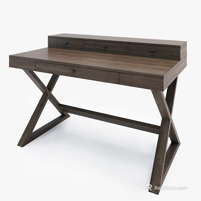 Modern Wooden Desk With X Shaped Legs And Multiple Drawers Design 3d model 