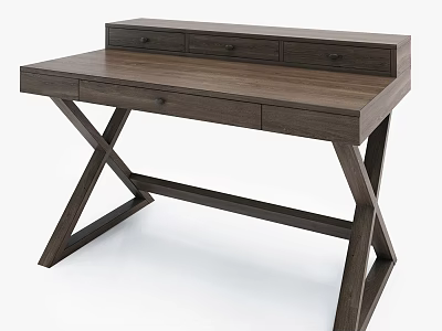Modern Wooden Desk With X Shaped Legs And Multiple Drawers Design 3d model
