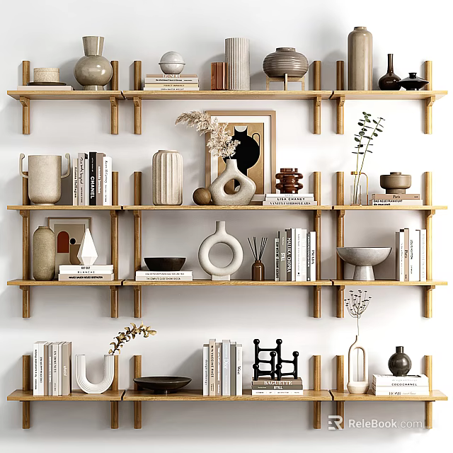 Modern Living Room Interior With Wall Cabinets Decorative Vases Books And Artworks 3d model 