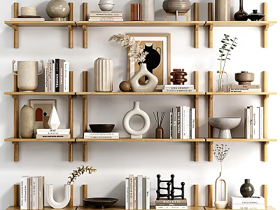 Modern Living Room Interior With Wall Cabinets Decorative Vases Books And Artworks 3d model