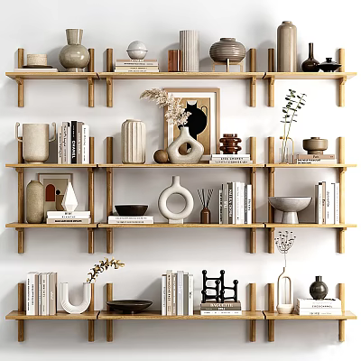 Modern Living Room Interior With Wall Cabinets Decorative Vases Books And Artworks 3d model