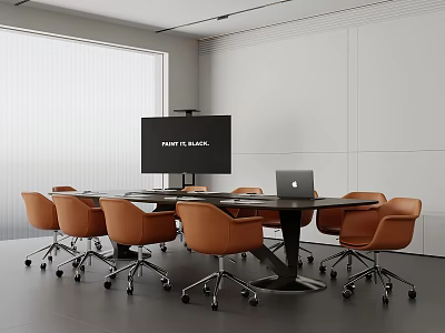 Modern Conference Table With Orange Chairs Laptop And Screen In Office 3d model