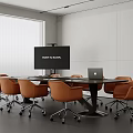 Modern Conference Table With Orange Chairs Laptop And Screen In Office