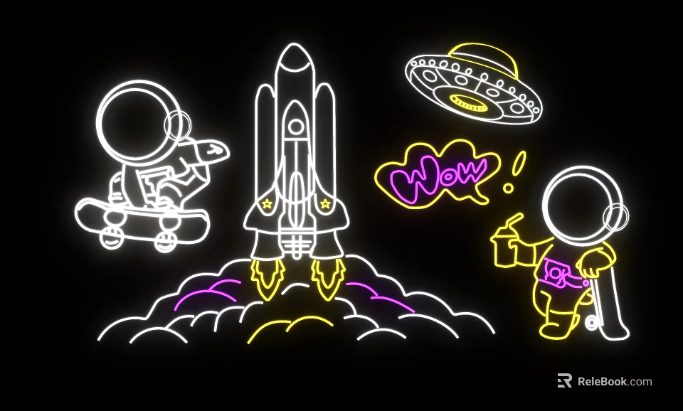 Decorative Neon Lights with Astronaut Rocket UFO Space Theme Glowing Design 3d model 