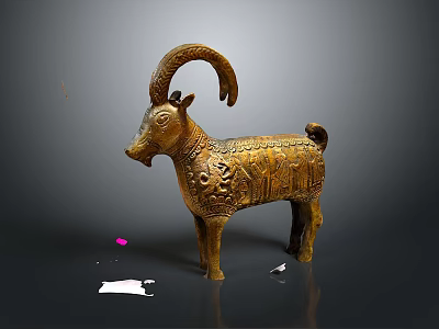 Intricately Carved Golden Goat Sculpture with Detailed Standing Figure and Artistic Design 3d model