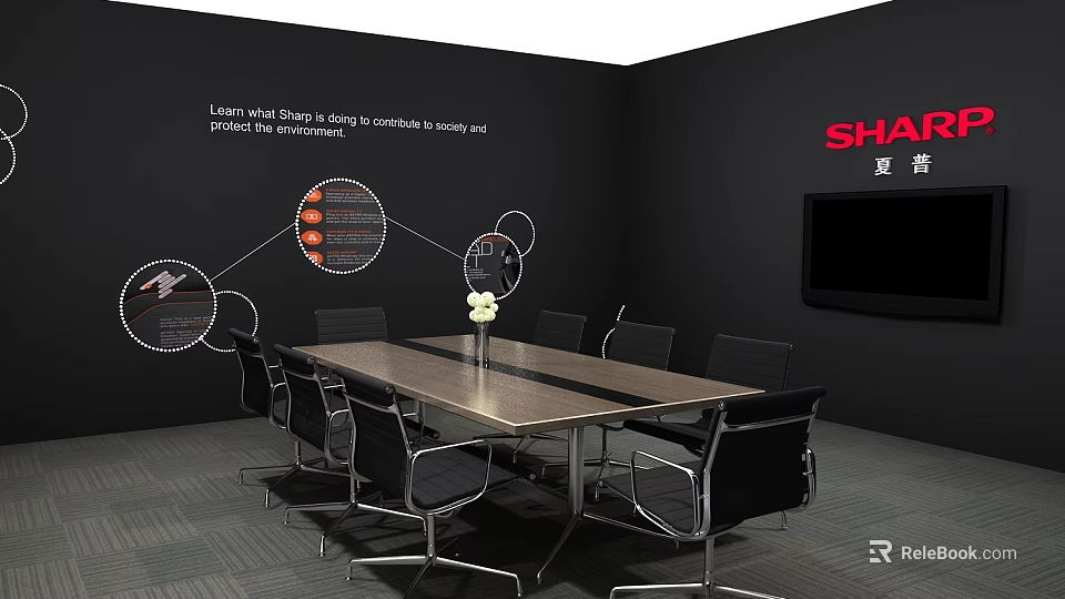 Modern Conference Room With Long Table Black Chairs Wall Infographics TV Screen And Vase 3d model 