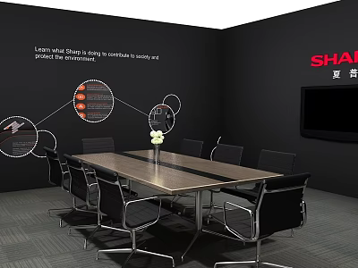 Modern Conference Room With Long Table Black Chairs Wall Infographics TV Screen And Vase 3d model
