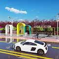 Municipal Road Featuring Pink Bike Path Bike Station Greenery Street Lights And Vehicles