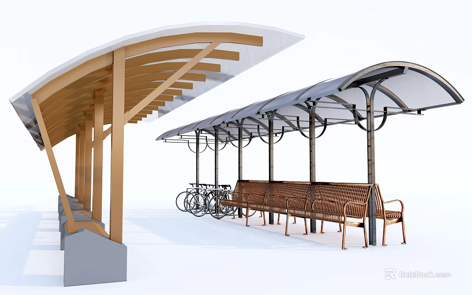 Outdoor Canopy Structure With Wooden Frames Transparent Roof Benches And Bicycles 3d model 