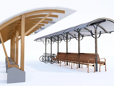 Outdoor Canopy Structure With Wooden Frames Transparent Roof Benches And Bicycles 3d model