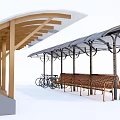 Outdoor Canopy Structure With Wooden Frames Transparent Roof Benches And Bicycles
