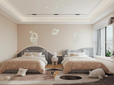 Cozy Modern Kids Bedroom With Astronaut Wall Decors And Two Beds 3d model