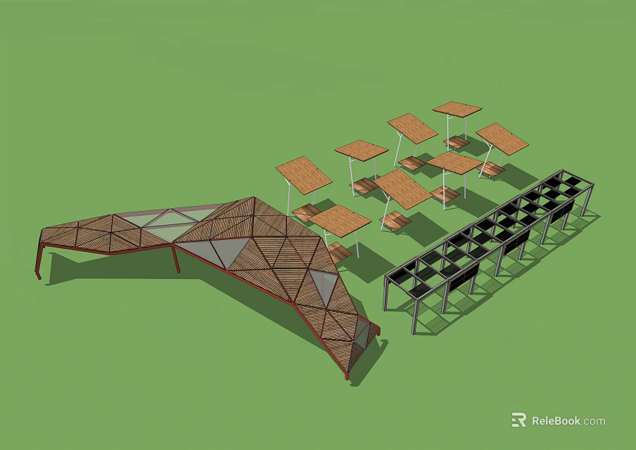 Wooden Pergola with Geometric Structure and Outdoor Tables Chairs in Garden Area 3d model 