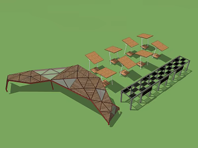 Wooden Pergola with Geometric Structure and Outdoor Tables Chairs in Garden Area 3d model