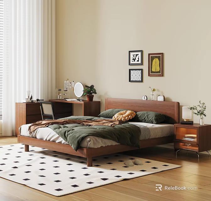 Modern Bedroom Interior With Wooden Double Bed Green Bedding Nightstand And Decorative Wall Art Rug 3d model 