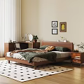 Modern Bedroom Interior With Wooden Double Bed Green Bedding Nightstand And Decorative Wall Art Rug