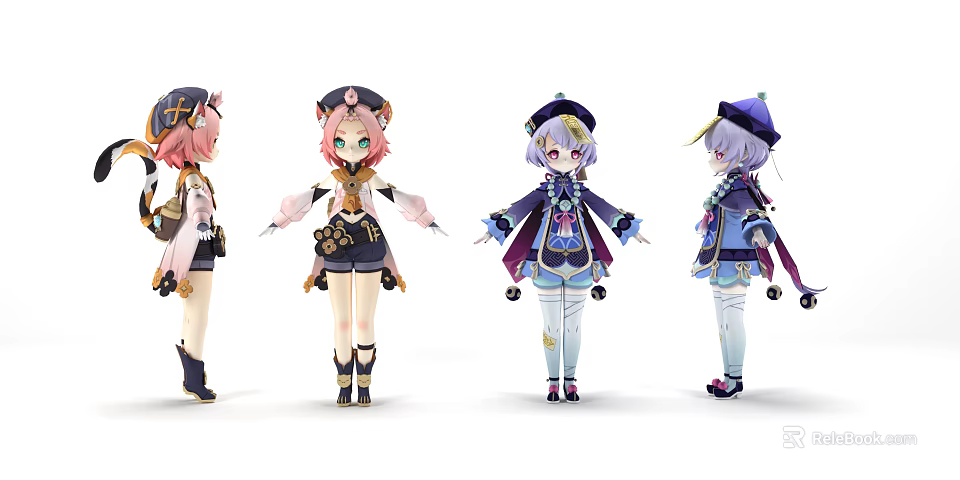 Multiple Anime Characters And Creatures With Cat Ears Colorful Hair And Outfits 3d model 
