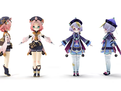 Multiple Anime Characters And Creatures With Cat Ears Colorful Hair And Outfits 3d model