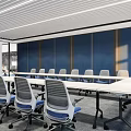 Modern Conference Room Interior with Long Table Office Chairs Large Windows and Electronic Screen
