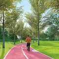 Scenic Park Landscape With Winding Path Tall Trees Green Grass and Blue Sky