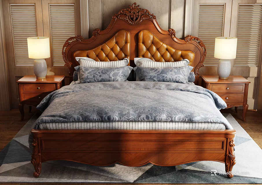 Elegant Wooden Double Bed with Carved Tufted Headboard Blue Comforter and Nightstands with Table Lamps 3d model 