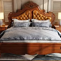 Elegant Wooden Double Bed with Carved Tufted Headboard Blue Comforter and Nightstands with Table Lamps