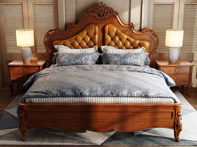 Elegant Wooden Double Bed with Carved Tufted Headboard Blue Comforter and Nightstands with Table Lamps 3d model