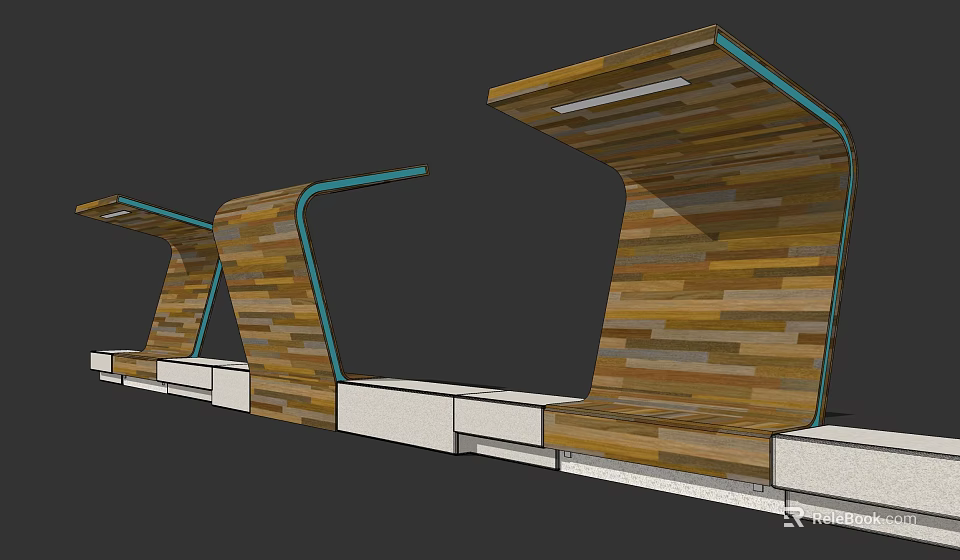 Modern Pergola Design Featuring Curved Wooden Structure With Striped Planks And White Base 3d model 