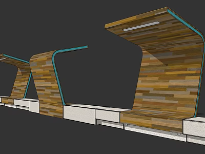 Modern Pergola Design Featuring Curved Wooden Structure With Striped Planks And White Base 3d model