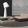 Modern Single Seater Sofa with Beige Cushion Red Base Marble Coffee Table and Floor Lamp