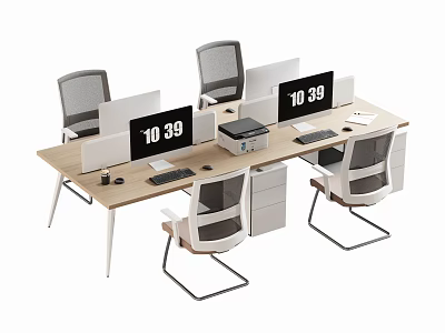 Modern Office Desk With Monitors Time Display Keyboard Mouse Printer And Chairs 3d model