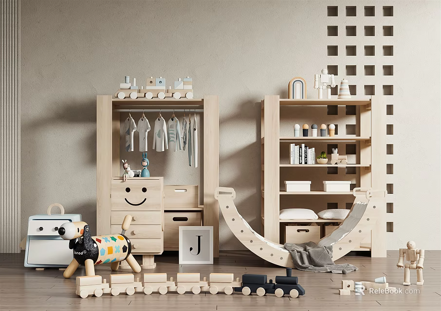 Cozy Kids Room Wooden Decorative Cabinets with Storage Drawers Decorative Items and Toys 3d model 