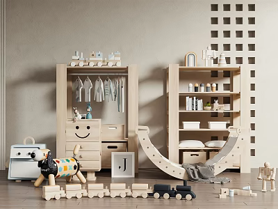 Cozy Kids Room Wooden Decorative Cabinets with Storage Drawers Decorative Items and Toys 3d model
