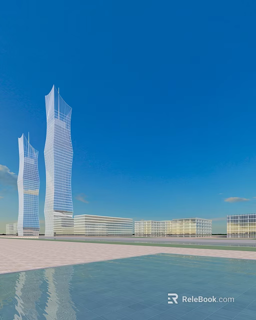 Modern Tall Office Buildings With Sleek Glass Facade Against Clear Blue Sky 3d model 