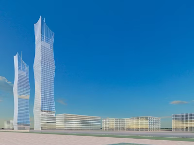 Modern Tall Office Buildings With Sleek Glass Facade Against Clear Blue Sky 3d model