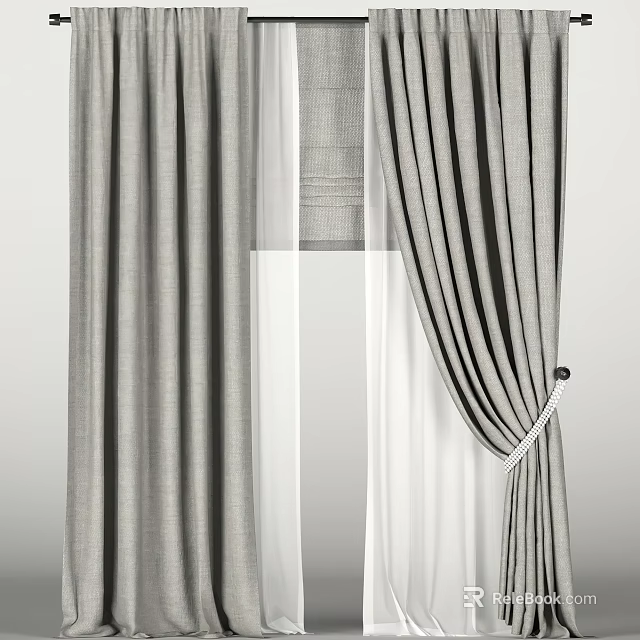 Gray and Black Striped Curtains with White Sheer Layers and Modern Tied Design 3d model 