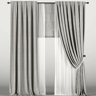 Gray and Black Striped Curtains with White Sheer Layers and Modern Tied Design 3d model