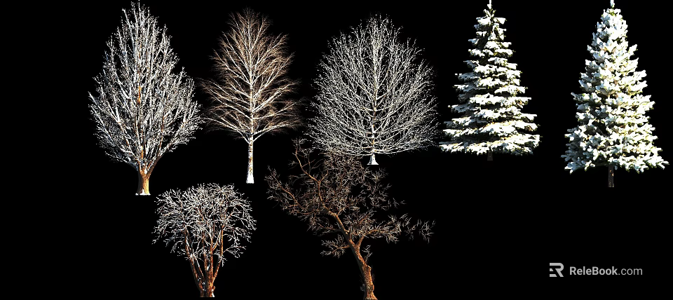 Snow Covered Deciduous and Evergreen Trees in Various Shapes Against Black Background 3d model 