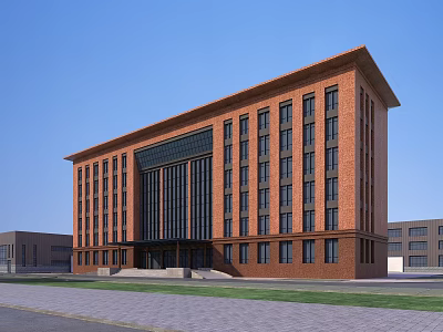 Red Brick Modern Office Building With Large Windows And Entrance Steps Under Blue Sky 3d model