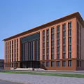 Red Brick Modern Office Building With Large Windows And Entrance Steps Under Blue Sky