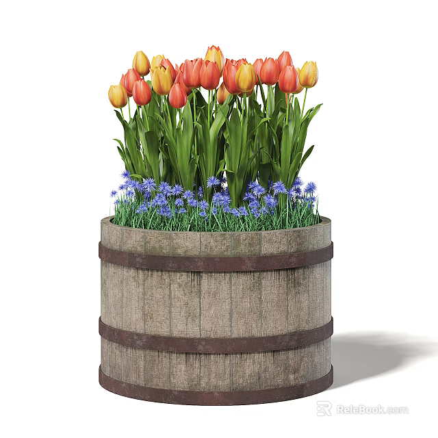 Garden Ornament With Wooden Barrel Planter Red Yellow Tulips And Purple Small Flowers 3d model 