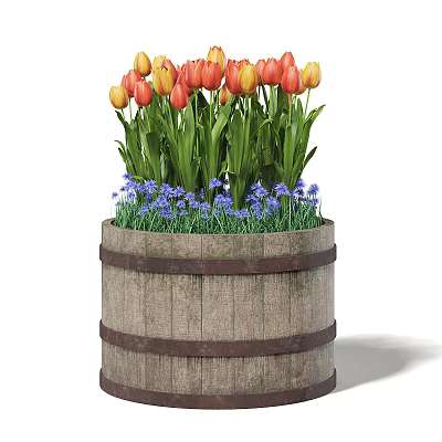 Garden Ornament With Wooden Barrel Planter Red Yellow Tulips And Purple Small Flowers 3d model