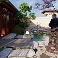 Traditional Chinese Garden Landscape with Wooden Pavilion Lotus Fountain Rockery and Purple Flowers