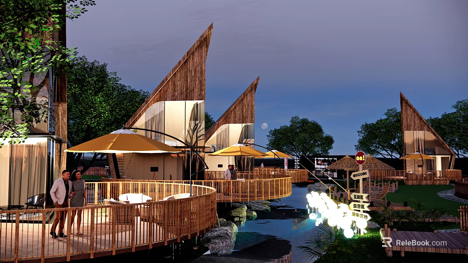 Detached Villa With Triangular Roof Wooden Deck And Yellow Umbrellas By Water At Night 3d model 