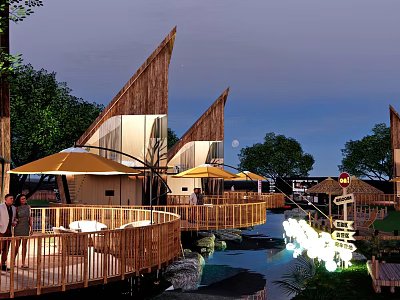 Detached Villa With Triangular Roof Wooden Deck And Yellow Umbrellas By Water At Night 3d model