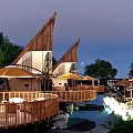 Detached Villa With Triangular Roof Wooden Deck And Yellow Umbrellas By Water At Night