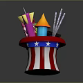 Red White Striped Hat With Blue Stars Holding Colorful Party Supplies Confetti Sticks Silver Streamers