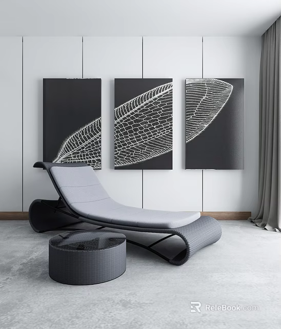 Modern Gray Lounge Chair with Black and White Decorative Paintings in Interior Space 3d model 
