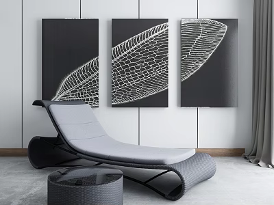 Modern Gray Lounge Chair with Black and White Decorative Paintings in Interior Space 3d model